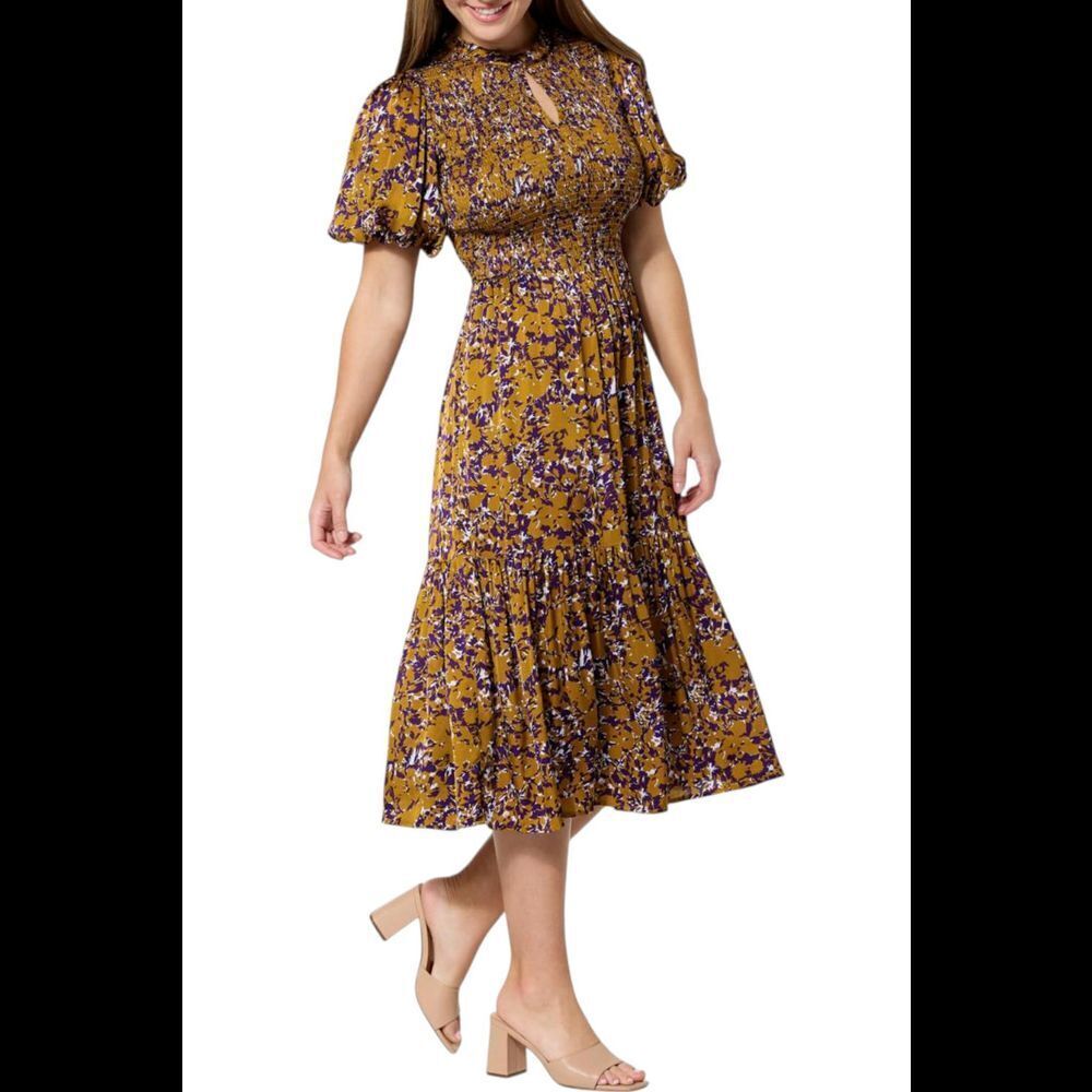 La Joie Bubble Slv Smocked Bodice Midi Dress Tapenade Abstract Floral - Regular